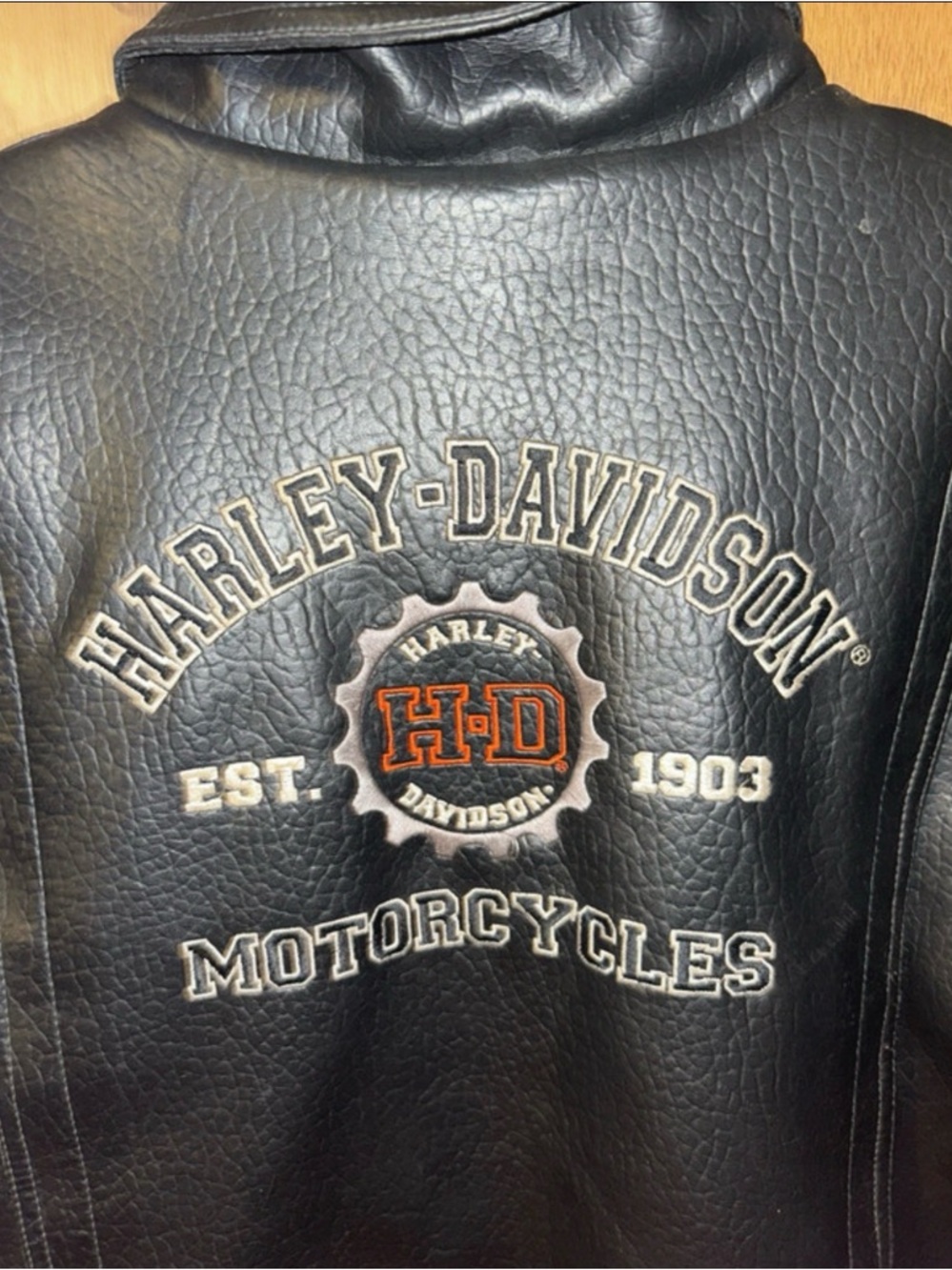 Harley-Davidson Black Leather Jacket with Orange and White Embroidery